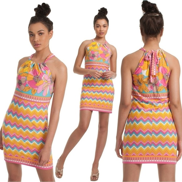 Trina Turk Pink and Yellow Halter Sundress Mini - Picture 2 of 13